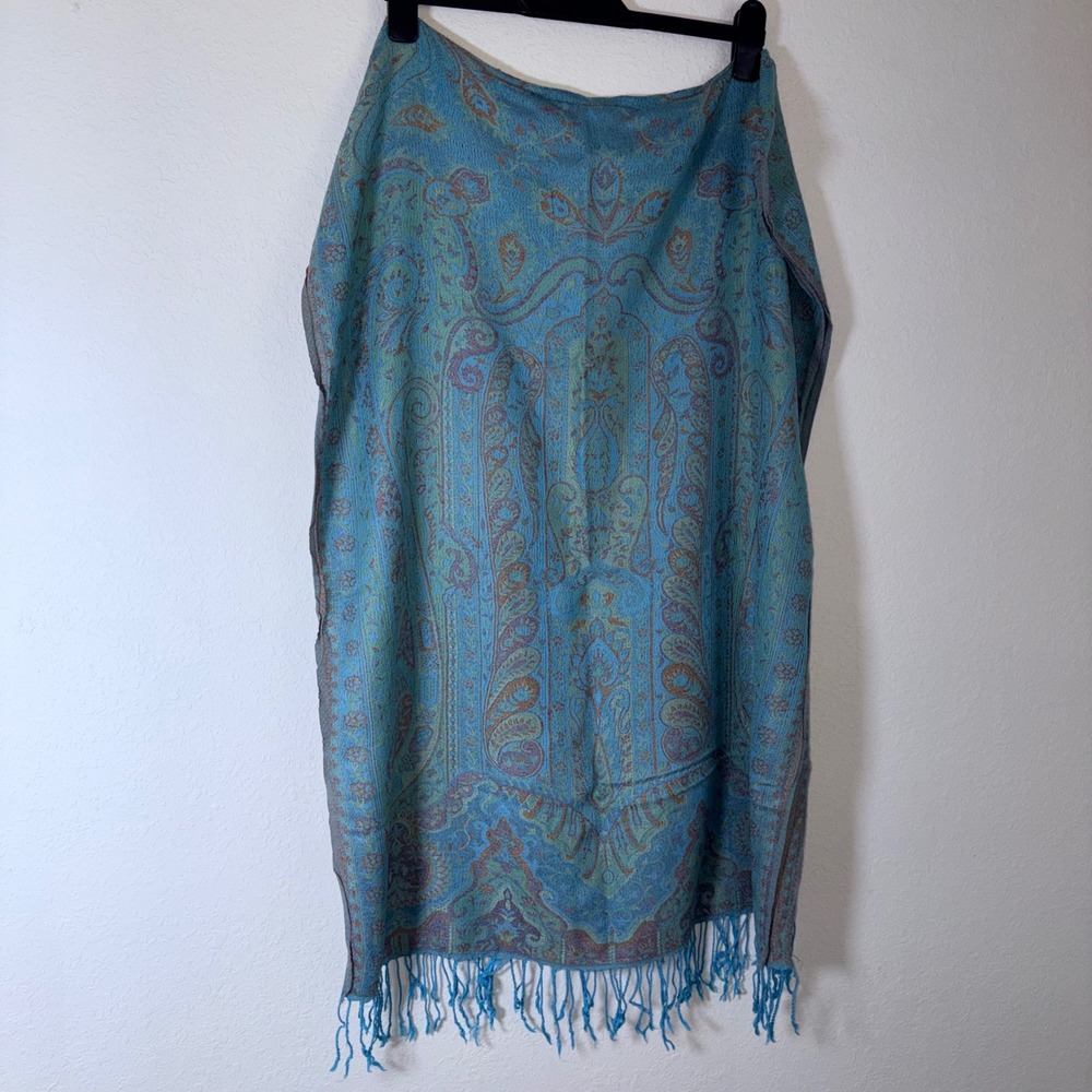 Pashmina Shawl Scarf Blue Good Paisley Fringed Boho Wrap 26 x 72 inh